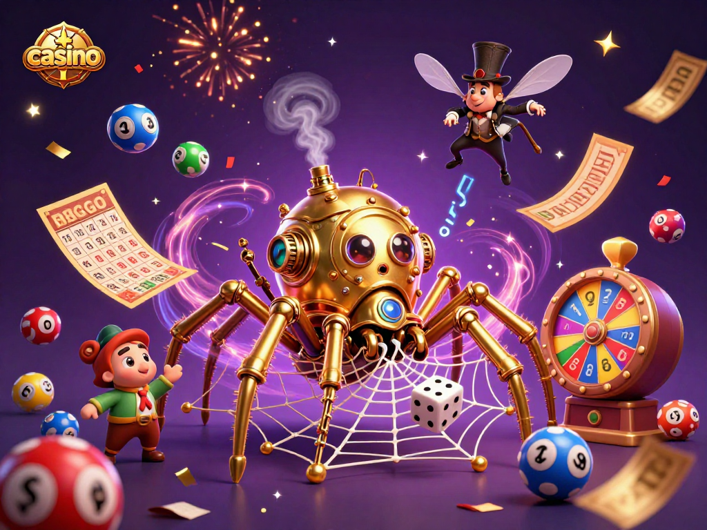 Catching unlucky dice in the casino web, a steampunk spider creates a vibrant gaming atmosphere.