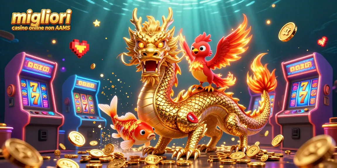 Scopri l'eccitazione dei migliori casino online non AAMS con un'illustrazione vibrante in 3D che presenta un drago e una fenice.