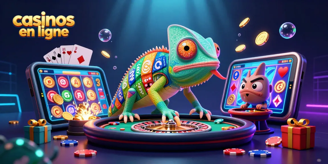 Jouez aux casinos en ligne avec cette illustration d'un caméléon propriétaire animé entouré de jeux et d'argent.