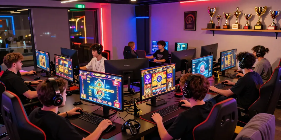 Excited players enjoying Garuda303 online slot games in a vibrant gaming lounge atmosphere.