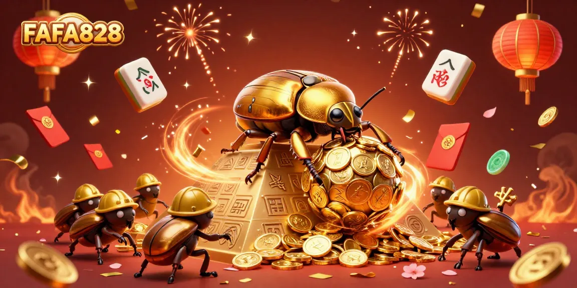 Experience the excitement of FAFA828 in a vibrant casino-themed 3D illustration filled with golden coins and dynamic elements.