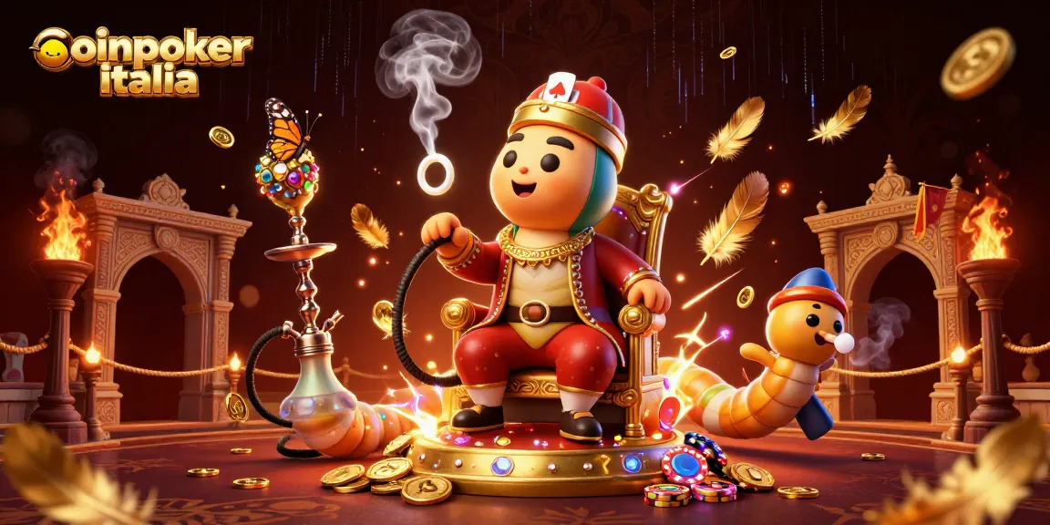 Gioca su CoinPoker Italia, con simboli di poker e un ambiente 3D molto dettagliato e colorato.