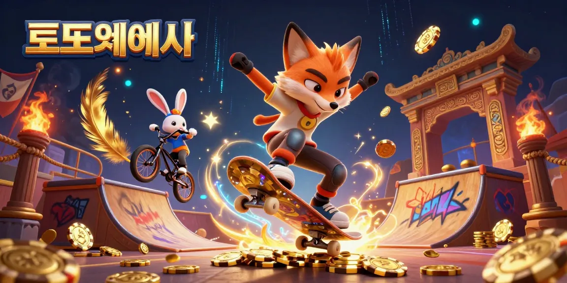 Watch the dynamic skateboarding fox and BMX rabbit thrive at the 토토사이트, surrounded by casino elements and vibrant effects.