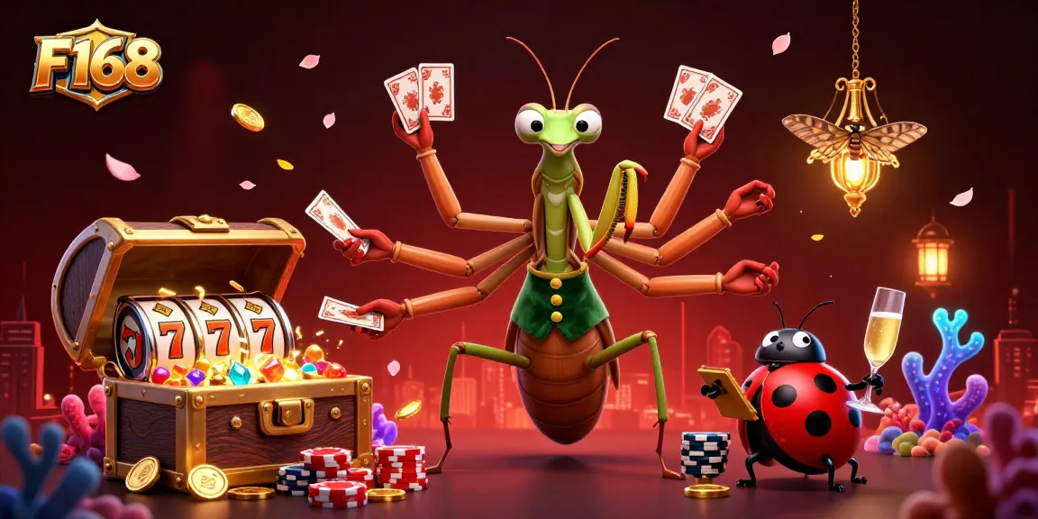 Experience F168's thrilling slot games through a vibrant illustration of a giant card sharp and ladybug pit boss.