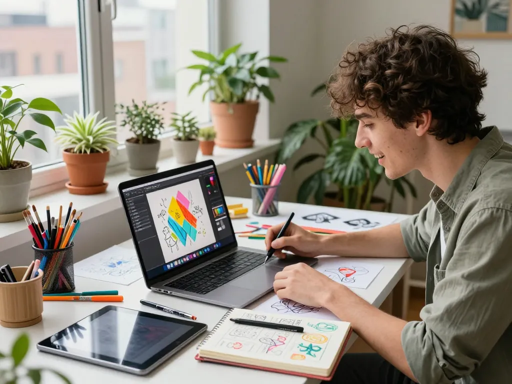 Artist using Nano Banana 2 AI Image Editor in a vibrant workspace with sketches and art supplies.