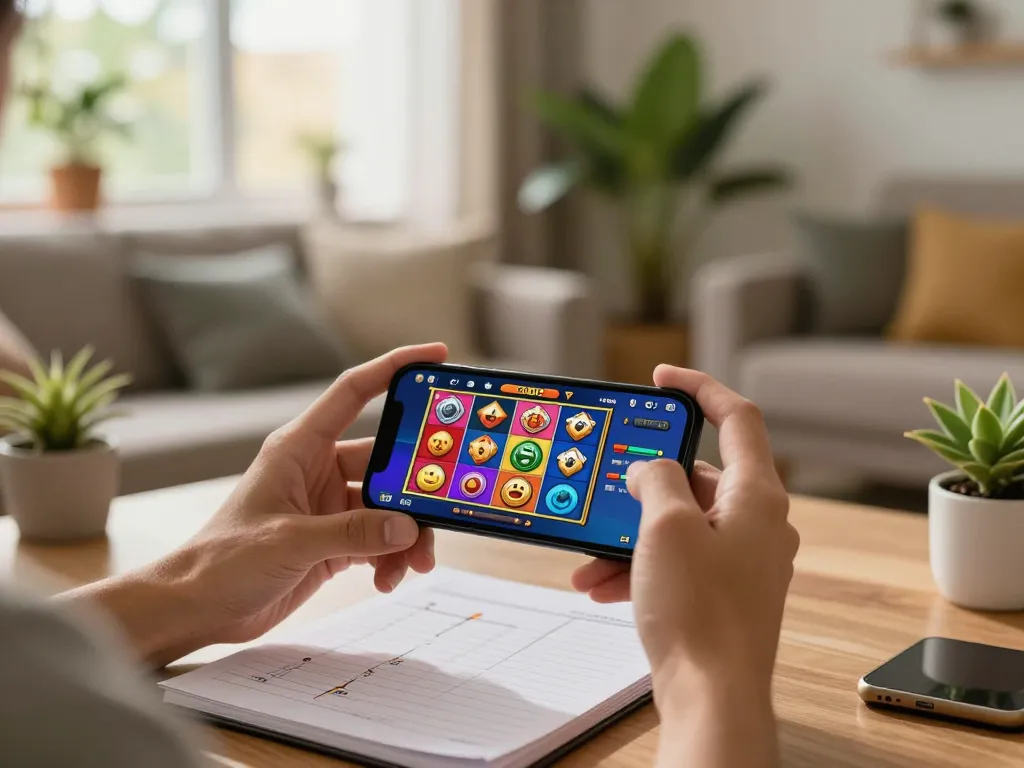 situs slot gaming on mobile phone in cozy living room environment