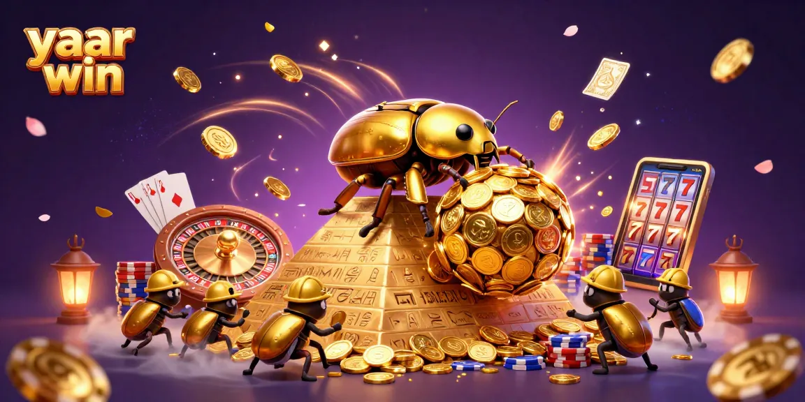 Engage with yaar win in this vibrant scene featuring a cartoon beetle and casino symbols.