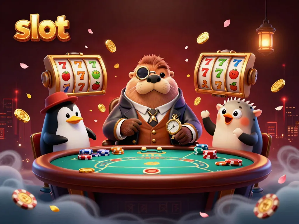 Slot mesin mengelilingi karakter kartun lucu di meja poker bawah laut, penuh detail menawan.