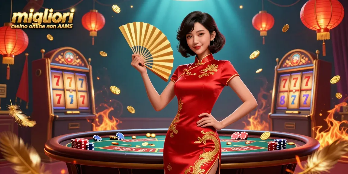 Migliori casino online non AAMS che mostrano una donna asiatica sicura di sé in un vivace qipao circondata da elementi da casinò e monete d'oro.