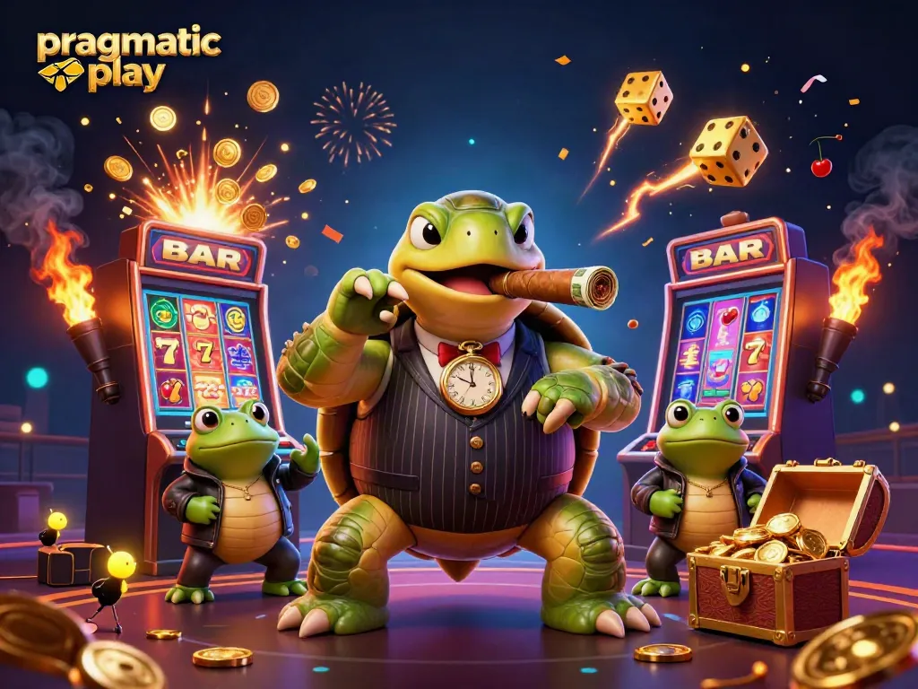 Gambar 3D yang menggambarkan karakter perjudian dengan pragmatic play, menampilkan kuda laut dan simbol slot berkilauan