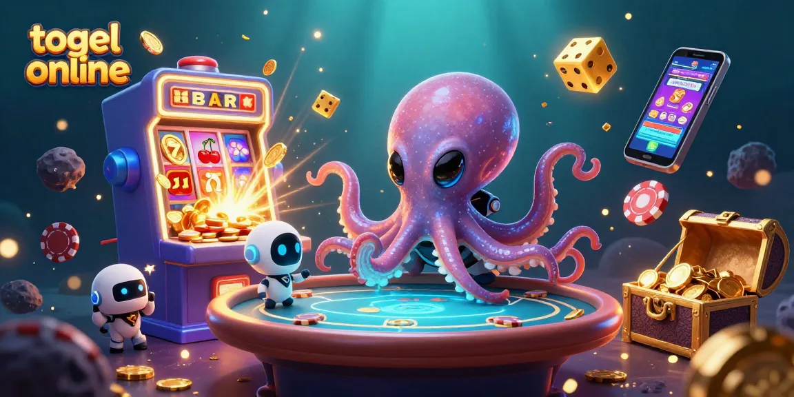 Experience togel online fun with an alien octopus operating a poker table surrounded by vibrant casino elements.
