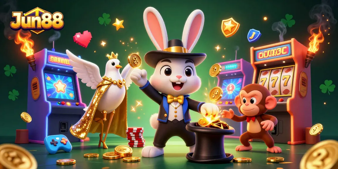 Join the magical world of Jun88 with a rabbit pulling coins, poker chips, and vibrant gaming elements.