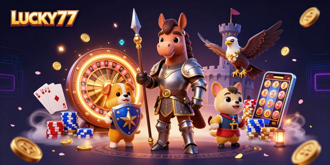 Experience the thrill of winning at LUCKY77 with a dynamic casino scene featuring a knight and squire.