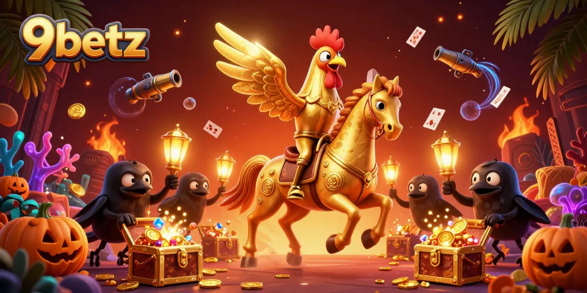 Experience thrilling 9betz moments with vibrant gems and golden treasures in this 3D casino illustration.
