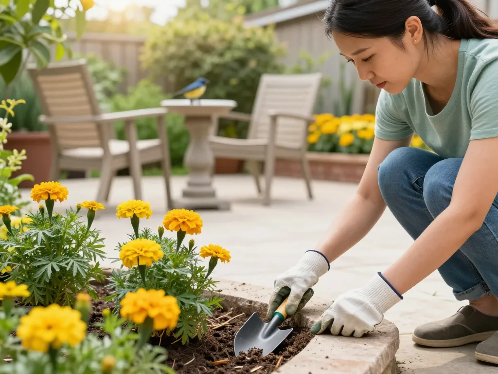 Pest prevention strategies in an inviting garden environment with a homeowner inspecting plants.