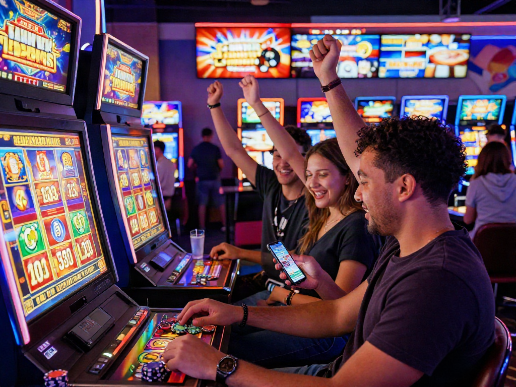 Exciting scene of players celebrating a slot bonus new member 100 win in a vibrant casino atmosphere.