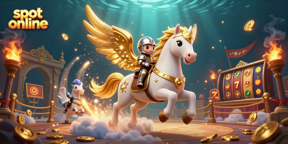Putar slot online dengan kuda putih bercahaya dan kesatria di awan dalam suasana kasino