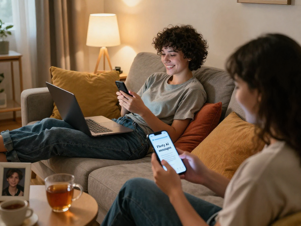 Couple engaging in sexting AI conversation on smartphones in cozy home settings.