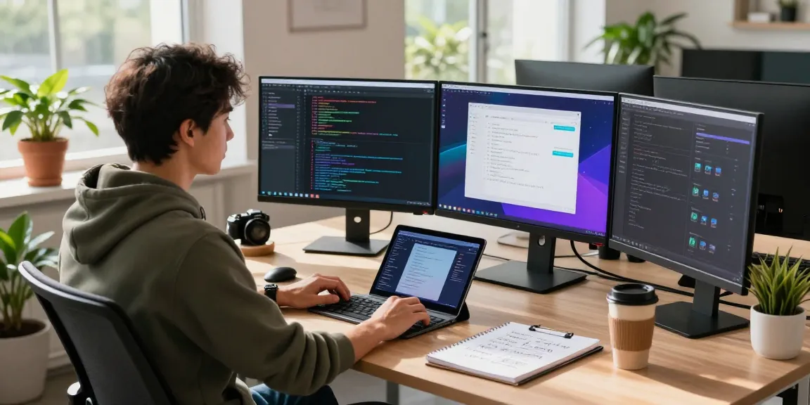AI prompt image showcasing a software developer in a modern workspace, highlighting vibrant coding screens and creative atmosphere.