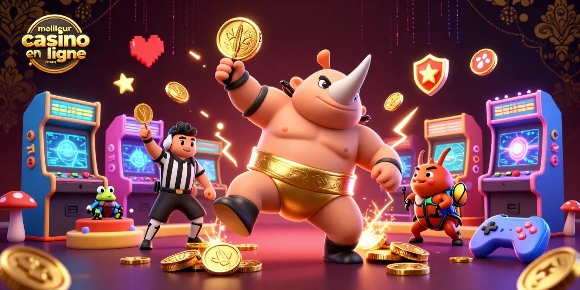 Illustration artistique du meilleur casino en ligne France avec des personnages animés jouant à des jeux d'arcade et profitant de gains.