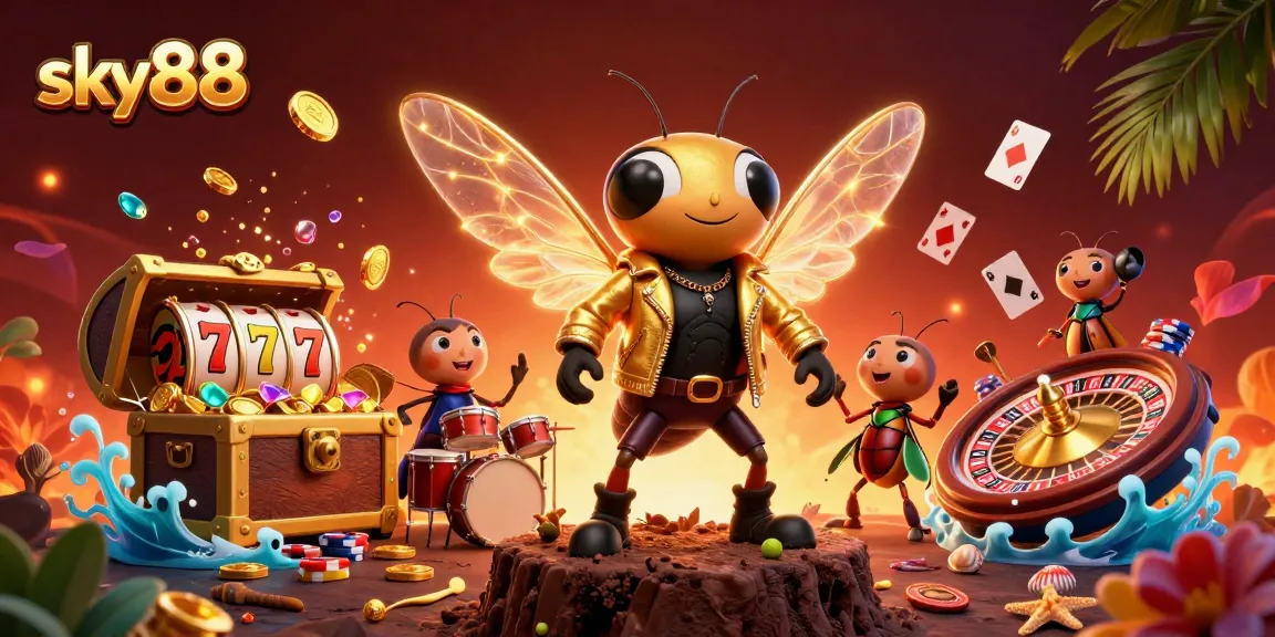 Engage with sky88's vibrant casino scene featuring a cicada rock star, dynamic slot reels, and poker elements.