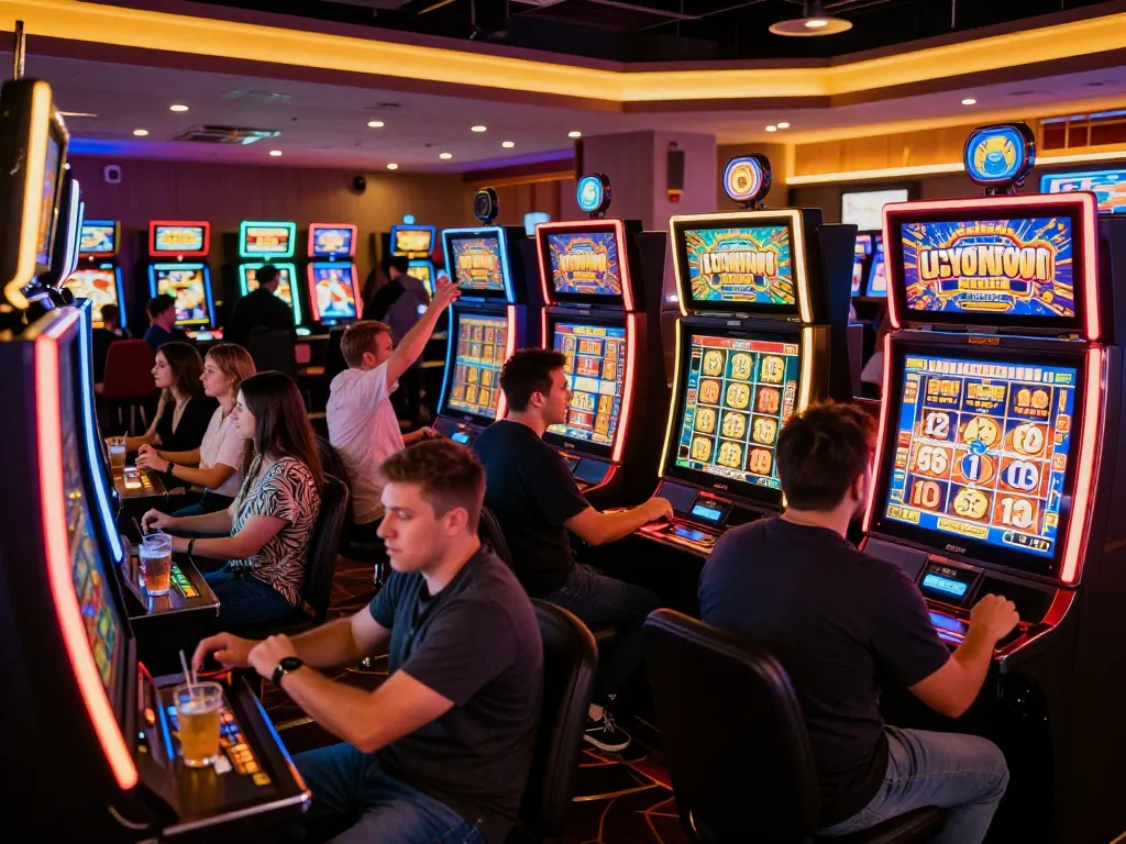 Players celebrating wins at colorful slot machines, aiming for the slot bonus 100 on the casino floor.