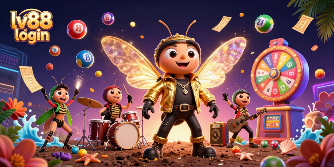 Experience lv88 login with a vibrant 3D scene of a cicada rock star and game elements.