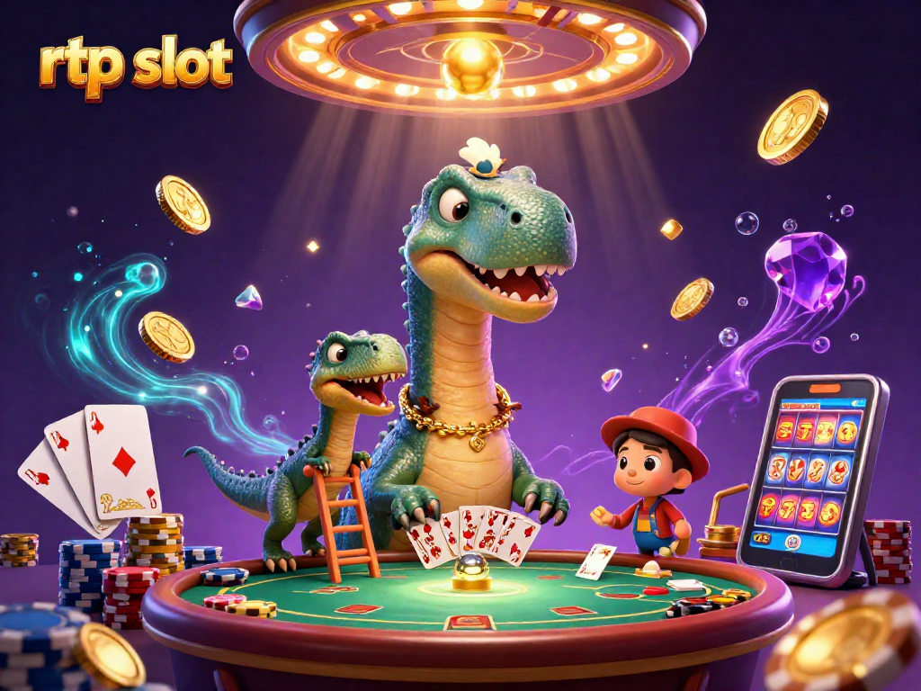 Engage with rtp slot jackpots as a towering brontosaurus oversees a lively casino scene.