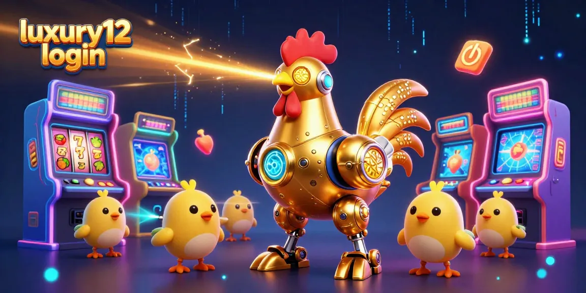 Engage with luxury12 login for vibrant casino gaming, featuring a golden rooster and slot elements.