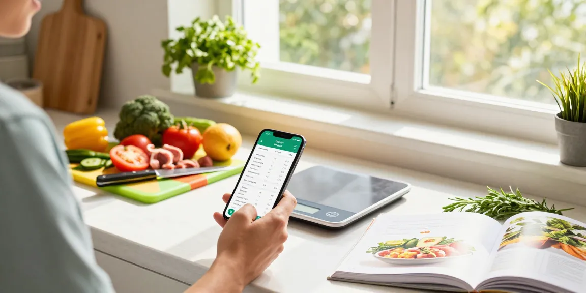 Engaging scene of a person using the best nutrition tracking app while preparing healthy meals with fresh ingredients.