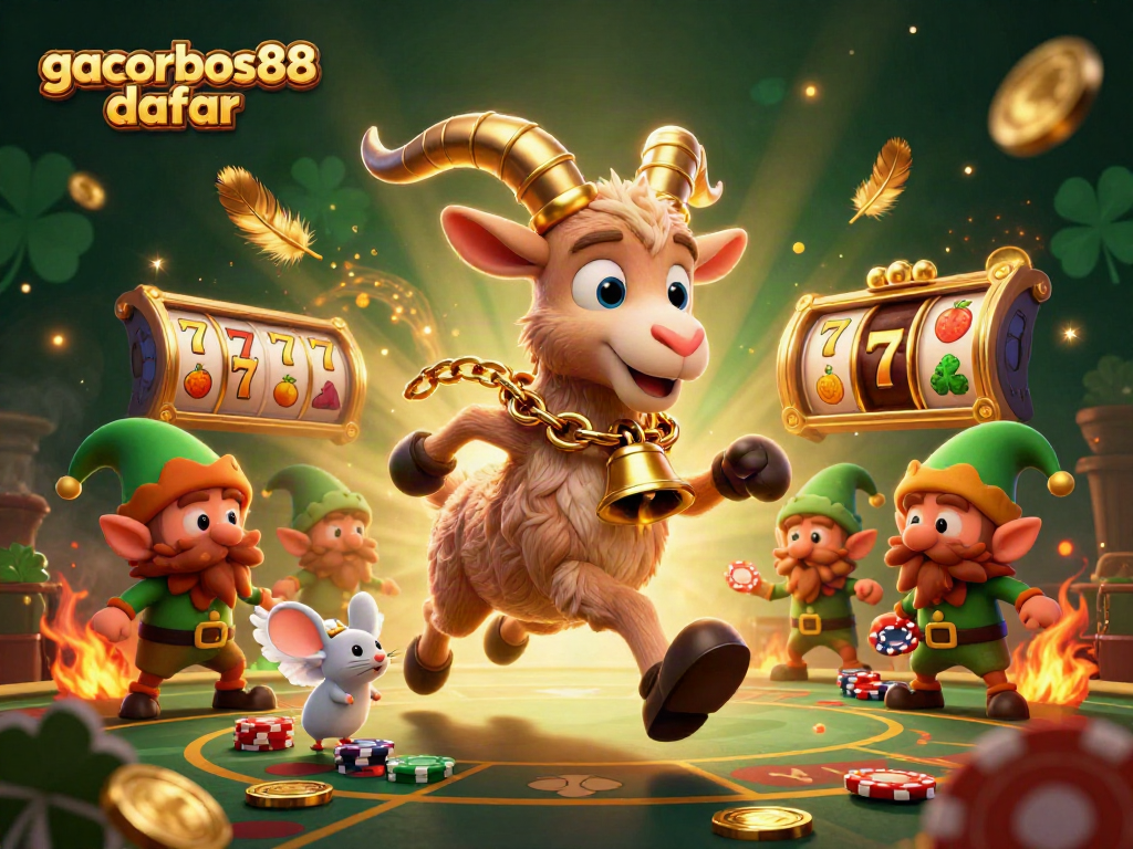 Experience gacorbos88 daftar with a thrilling casino scene featuring festive characters and slot reels.