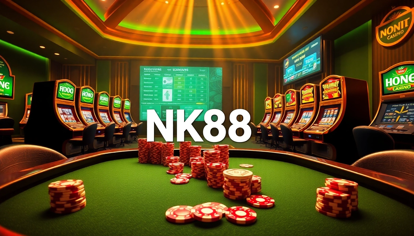 Experience the thrill of NK88 with a luxurious casino atmosphere featuring vibrant slot machines and poker chips.