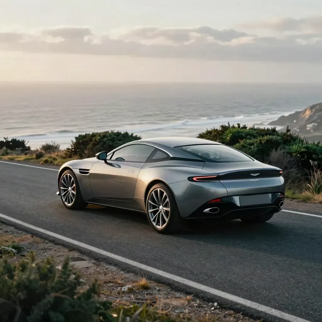Graphite Aston Martin DB12 exiting a cliff bend above the sea in clean light
