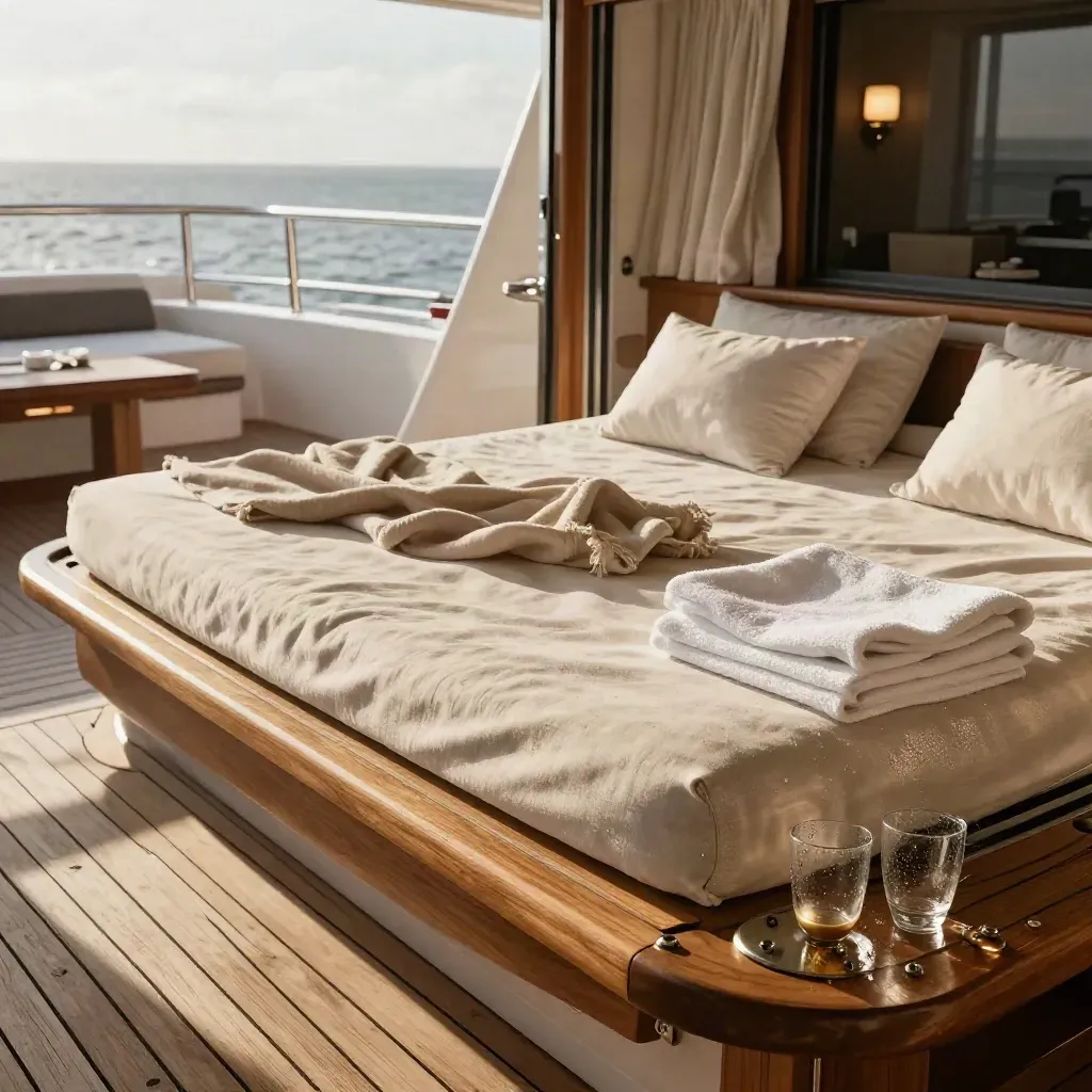 Yacht suite deck with linen daybed, towels, teak table, and open cabin doors.