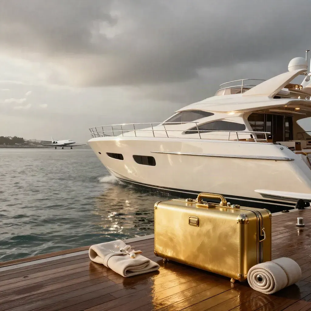 Cream superyacht bow with gold travel case and jet nose over wet marina dawn.