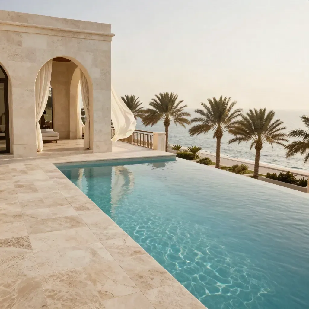 Ivory villa terrace with infinity pool, arches, curtains, and palm crowns above the sea.