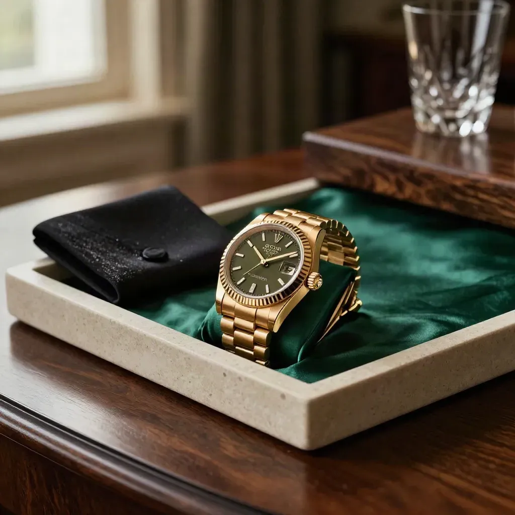 Gold Day-Date watch beside a tuxedo cuff on a stone tray in soft window light.