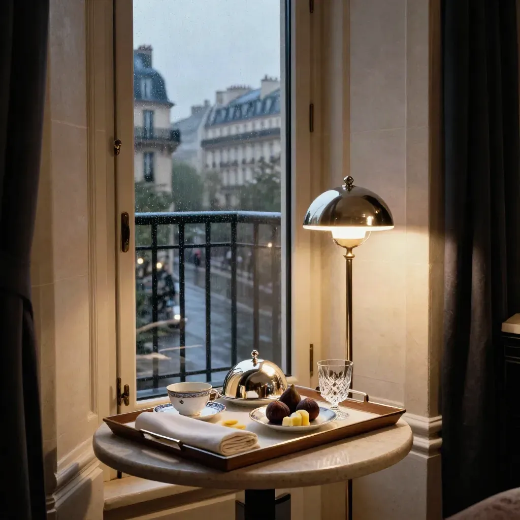 Elegant corner suite breakfast tray by a balcony, rain on glass, warm lamp light.