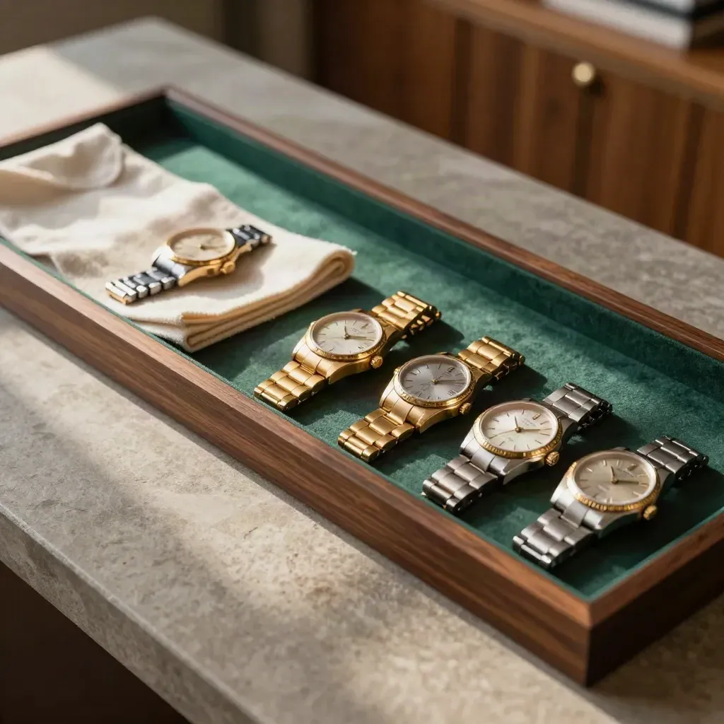 Luxury watch cases and wool cloth on stone with emerald felt, seen from above.