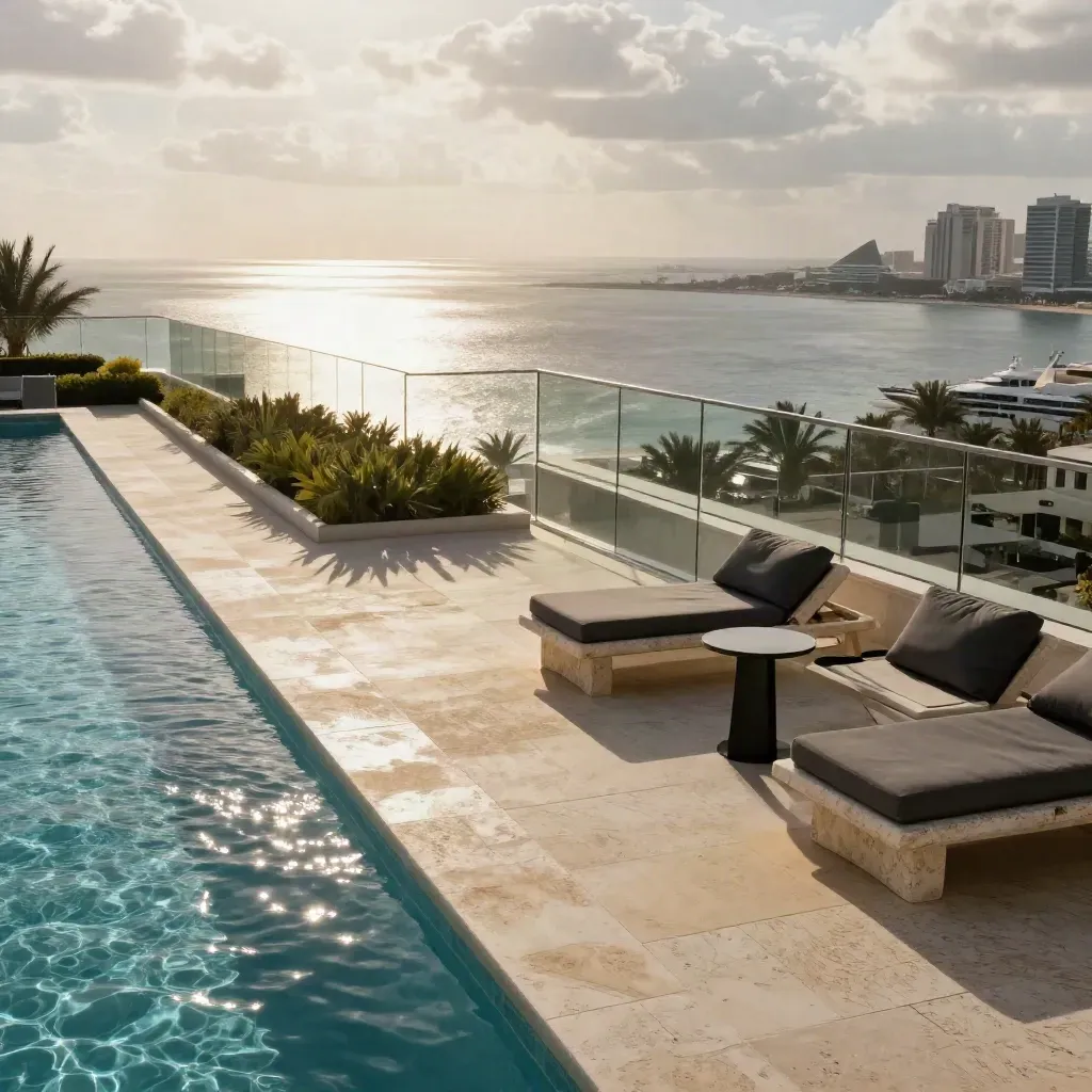 Luxury penthouse terrace with plunge pool, stone loungers, and Palm Jumeirah sea views.