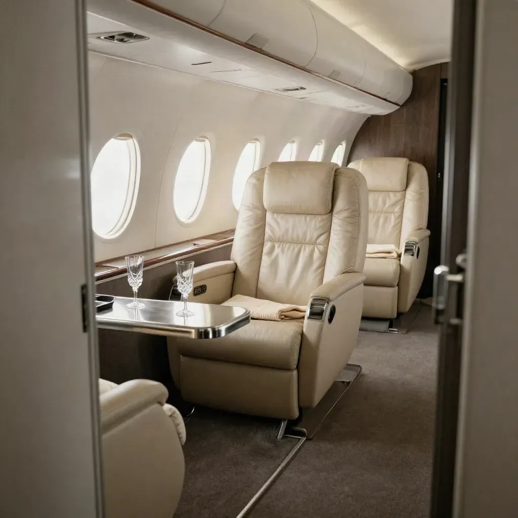 Diagonal view into a private jet cabin with lie-flat seats, bar, and folded blankets.