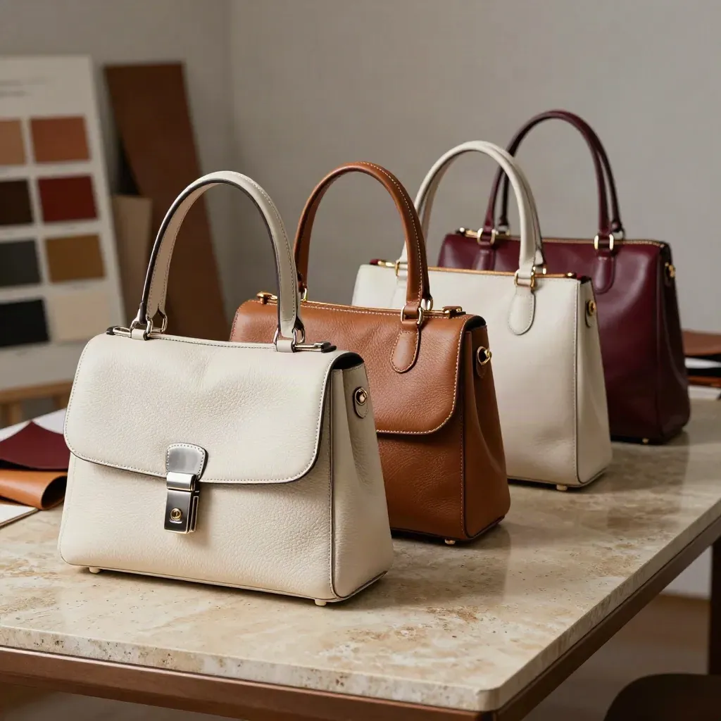 Leather bags and hardware samples arranged on a studio table in soft daylight.