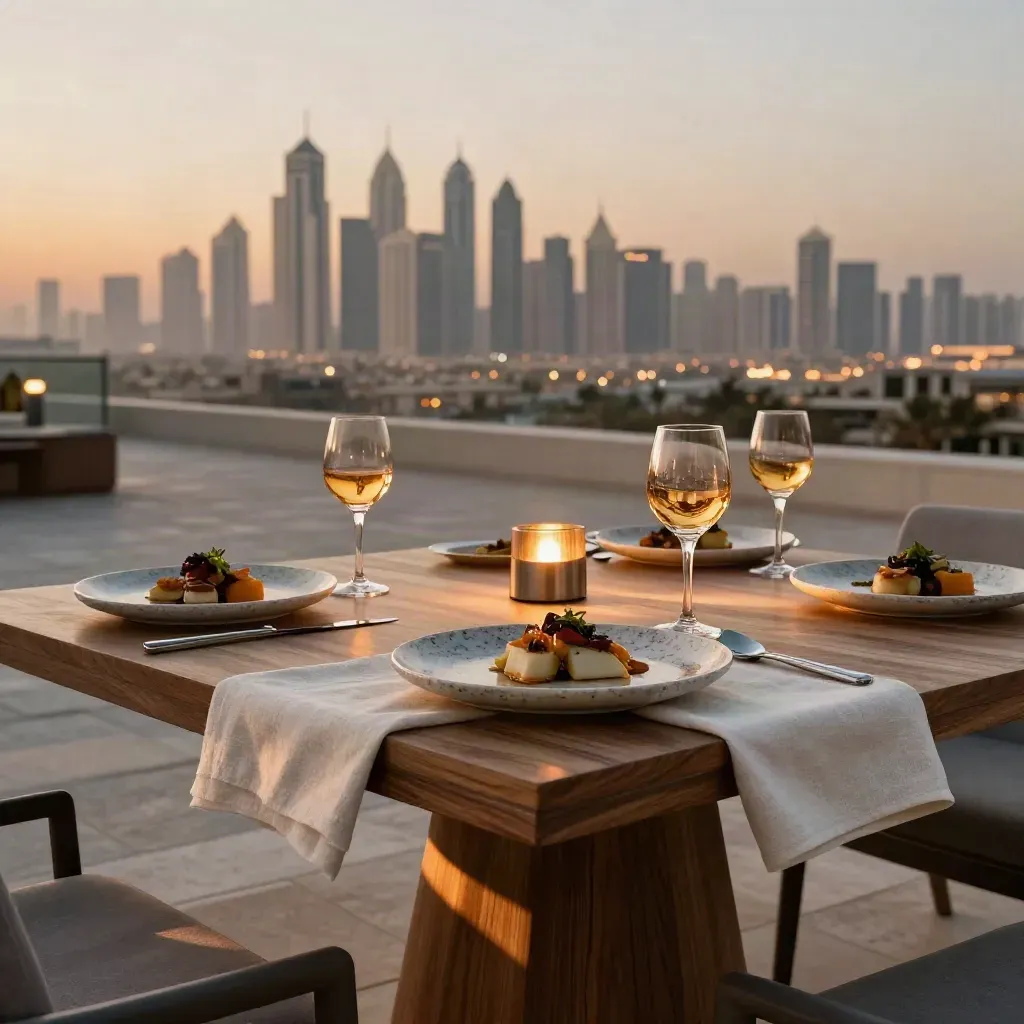 Rooftop Dubai dining table at sunset with skyline lights and elegant tasting plates