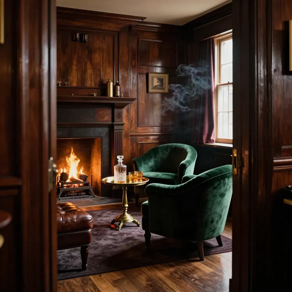 Private club room with fireplace, velvet chairs, and a decanter in warm late-afternoon light.