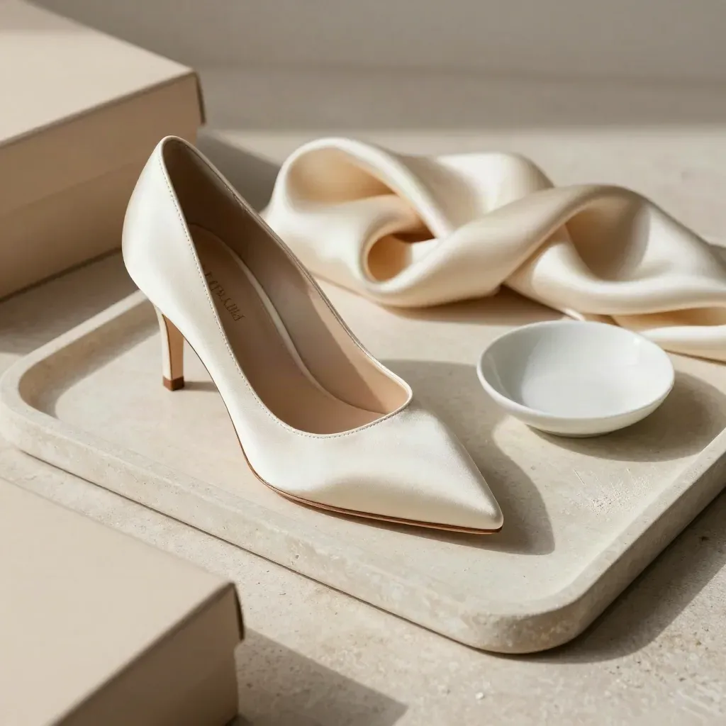 Satin pump, silk scarf, and ceramic dish on a plaster tray in soft editorial light.