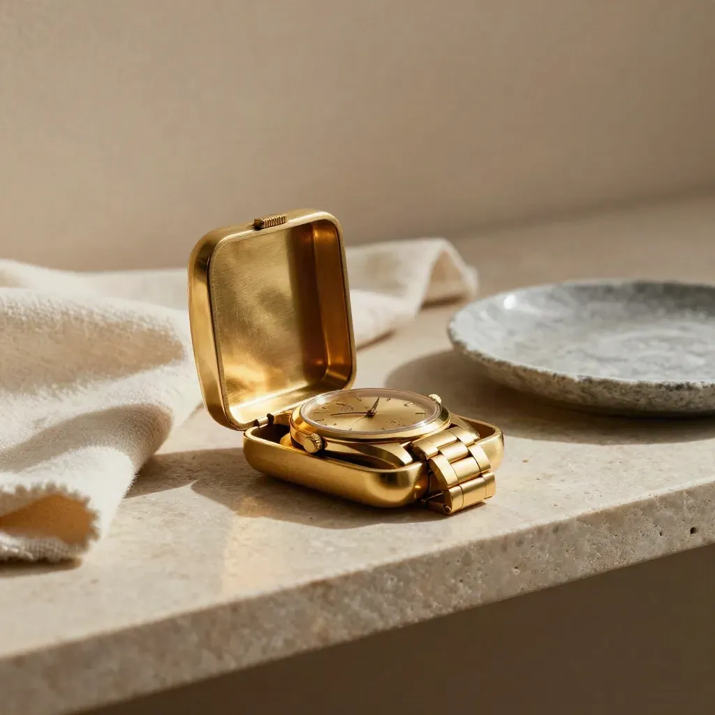 Open gold watch case with steel bracelet watch, wool cloth and stone dish on a stone shelf.
