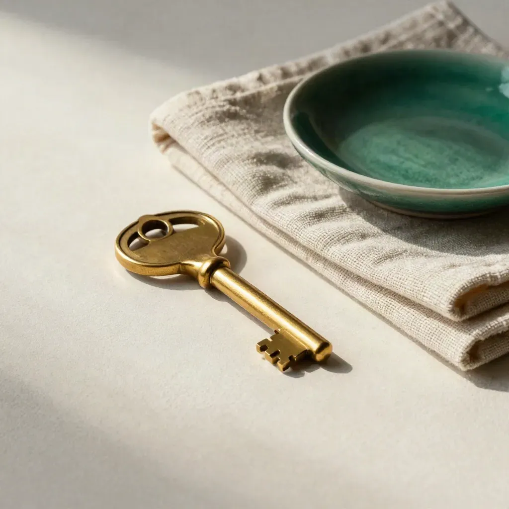 Brass key, limestone house token, linen cloth and shell dish on a plaster sweep.