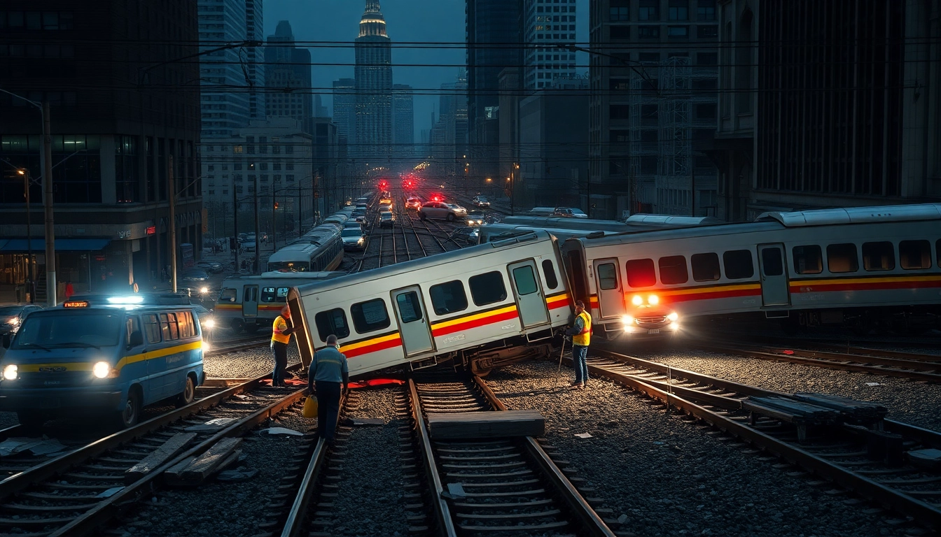 Capture of a train derailment scene illustrating emergency response actions and scattered cars.
