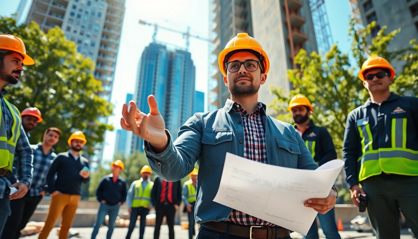 New York Commercial General Contractor directing a diverse construction team at a vibrant site.