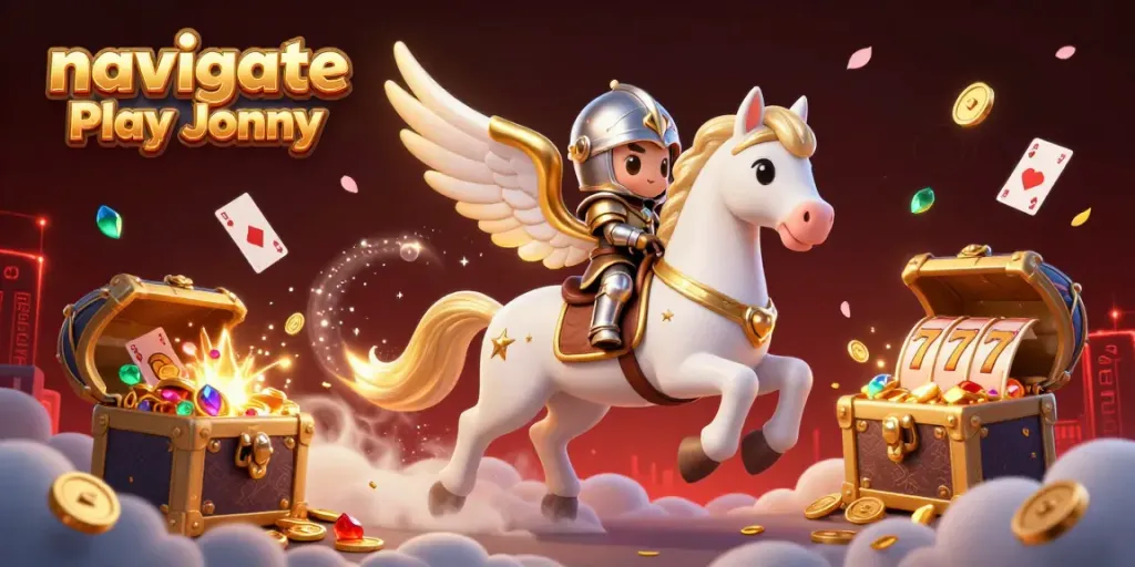 Navigating Play Jonny with a cartoon celestial horse and gambling treasures in a dynamic casino scene